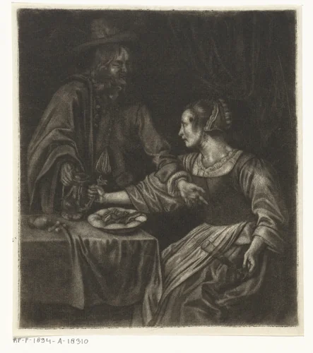 Man en vrouw met een kan by Johannes de Groot, print, 1698-1776
