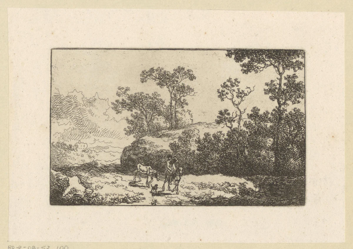 Landschap met ruiter met een paard aan de teugel by Johann Christian Klengel, print, 1761-1824