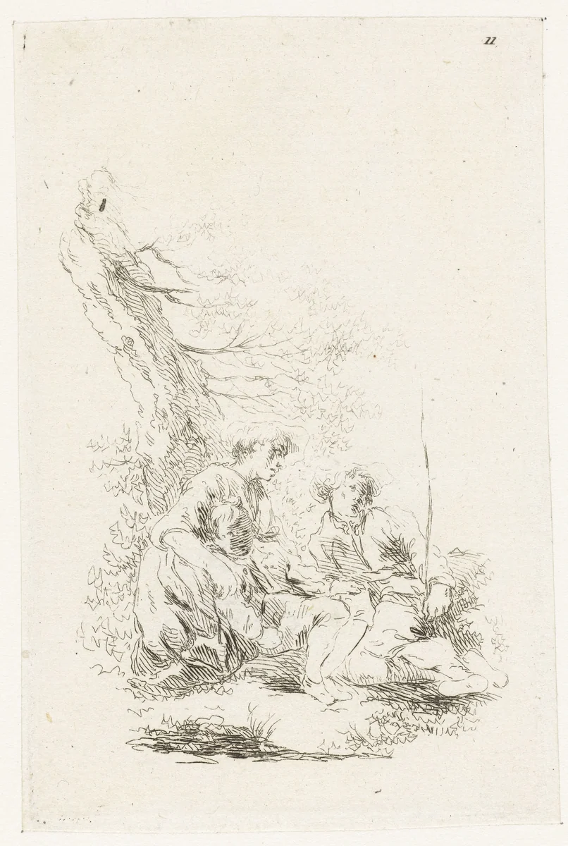 Drie personen zittend bij een boom by François Boucher, print, 1727-1755