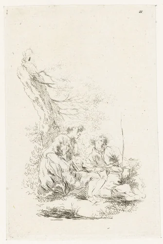 Drie personen zittend bij een boom by François Boucher, print, 1727-1755
