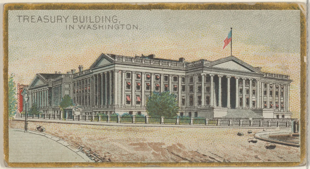 Treasury Building in Washington, from the General Government and State Capitol Buildings series (N14) for Allen & Ginter Cigarettes Brands by Allen & Ginter, print, 1889