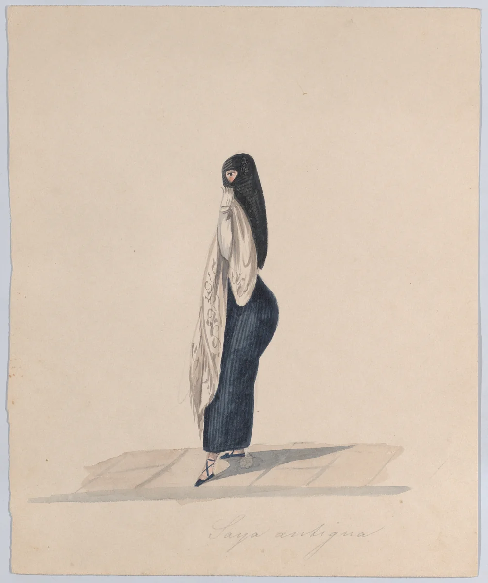 A woman wearing the saya standing in profile, from a group of drawings depicting Peruvian dress by Francisco Fierro, drawing, 1843-1853