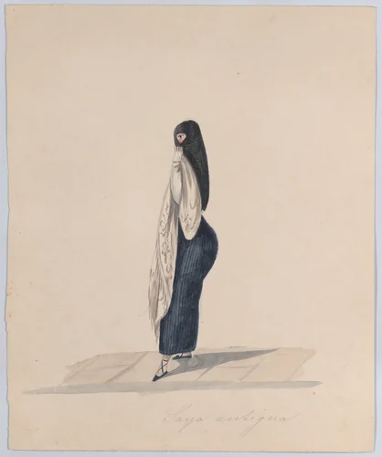 A woman wearing the saya standing in profile, from a group of drawings depicting Peruvian dress by Francisco Fierro, drawing, 1843-1853