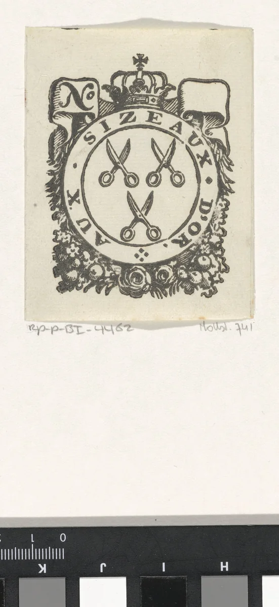 Handelsetiket met drie scharen en een kroon by Isaac Vincentsz. van der Vinne, print, 1681-1740