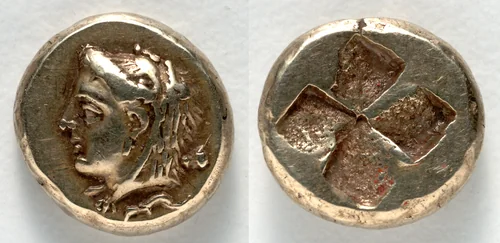 Hecte: Head of Omphale (obverse); Incuse Square (reverse) by Unknown, metalwork, -387--326