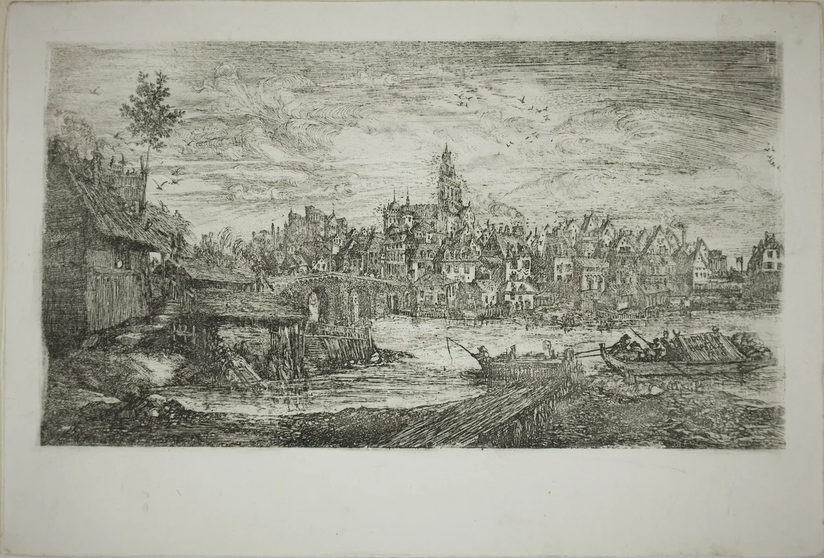 City with Stone Bridge by Rodolphe Bresdin, print, 1865