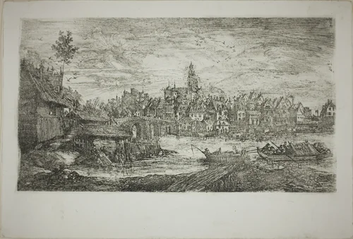 City with Stone Bridge by Rodolphe Bresdin, print, 1865