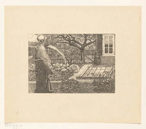 De Dood met een zeis in de tuin van Johannes by Edzard Koning, print, 1898