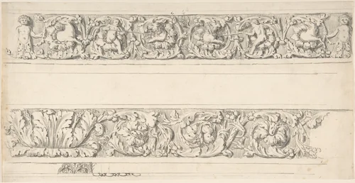 Sketch of Two Friezes, Palazzo Mattei by Thomas Hardwick, drawing, 1776-1779