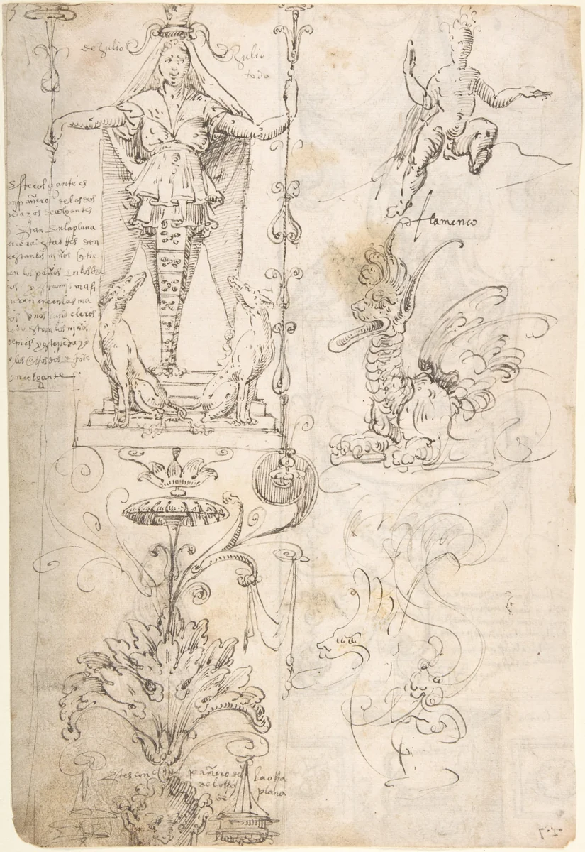 Female Term, seated figure, and fantastical creature (recto); Satyr and study of a woman and child (verso) by Andrés de Melgar, drawing, 1540-1550