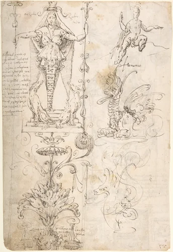 Female Term, seated figure, and fantastical creature (recto); Satyr and study of a woman and child (verso) by Andrés de Melgar, drawing, 1540-1550