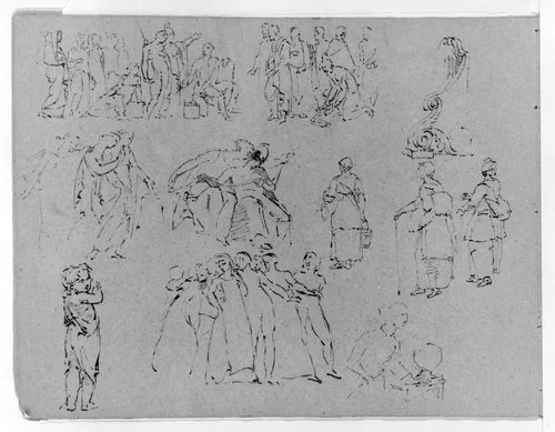 Sketches of Friezes and Groups of Figures in Three Tiers, Some Antique, Some 16th and 17th Century Genre (from Sketchbook) by Thomas Sully, artwork, 1810-1820