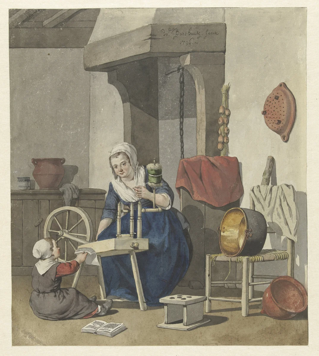 Interieur met een spinnende vrouw met een kind by W. Barthautz, drawing, 1796