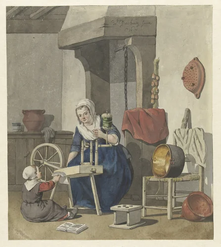 Interieur met een spinnende vrouw met een kind by W. Barthautz, drawing, 1796