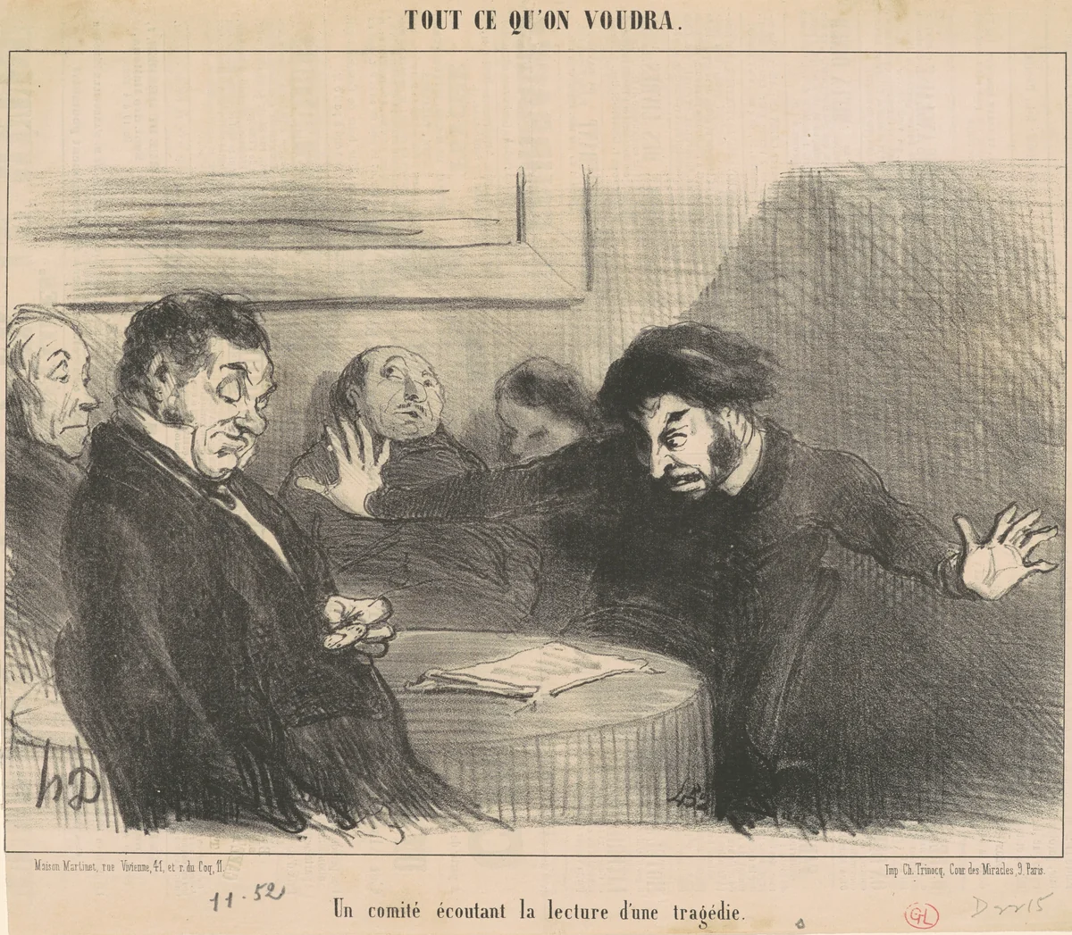 Un comité écoutant la lecture d'une tragédie by Honoré Daumier, print, 1852