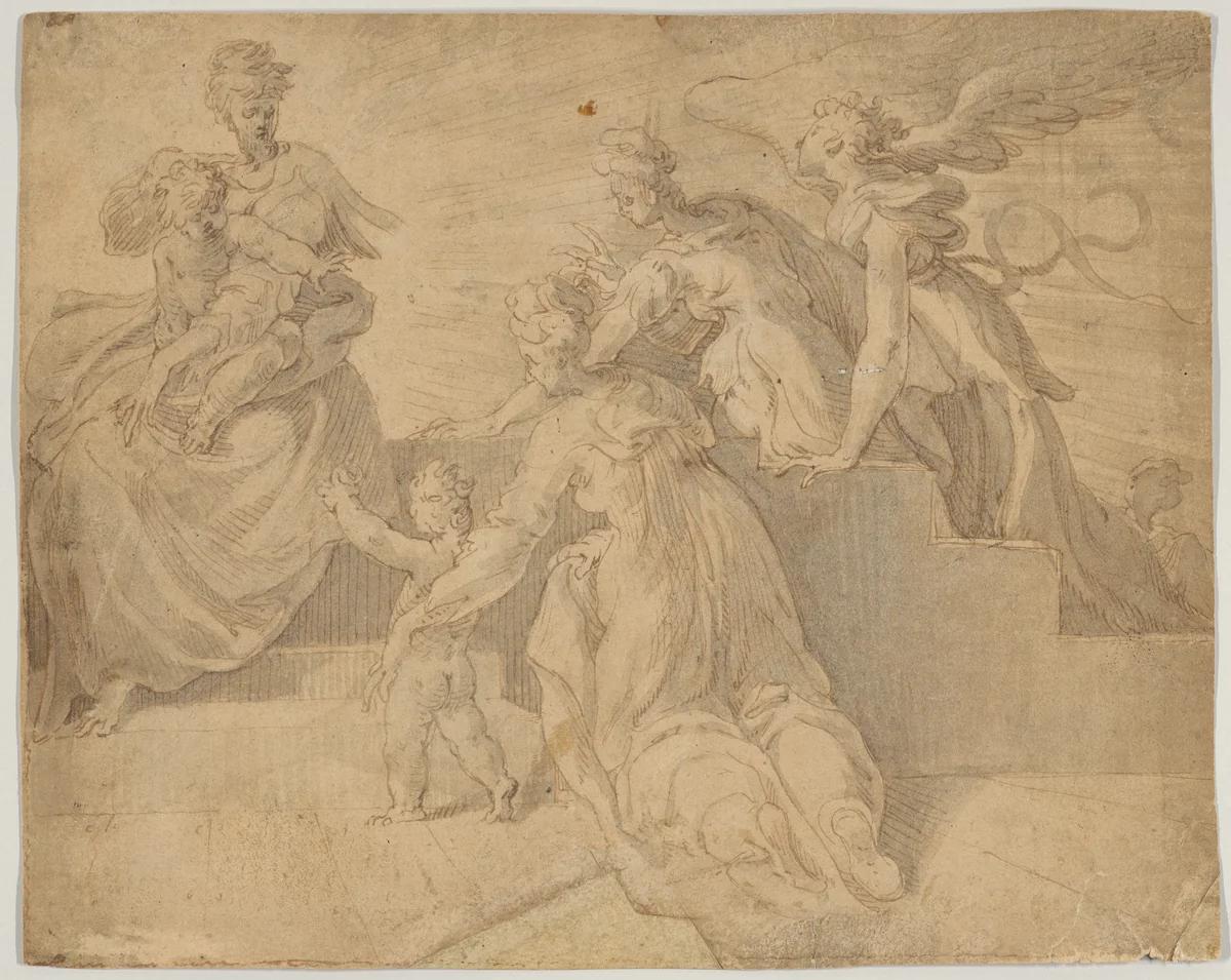 Madonna and Child with the Infant Saint John the Baptist, Three Women, and an Angel by Adriaan de Weerdt, drawing, 1530-1590