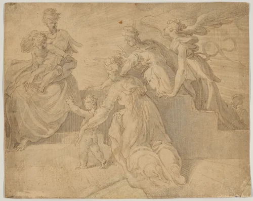 Madonna and Child with the Infant Saint John the Baptist, Three Women, and an Angel by Adriaan de Weerdt, drawing, 1530-1590