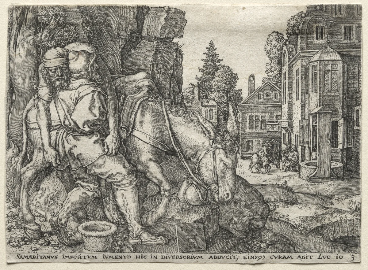 The Parable of the Good Samaritan: The Good Samaritan Putting the Traveler on His Donkey by Heinrich Aldegrever, print, 1554