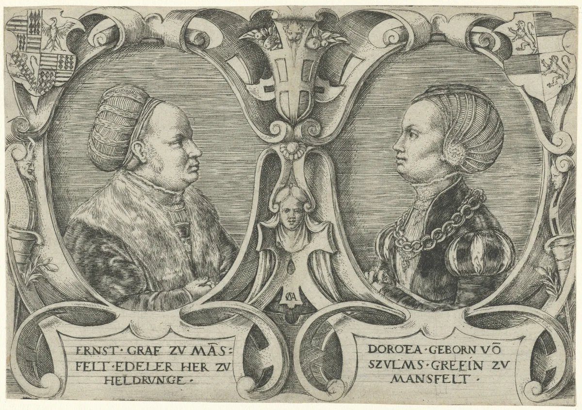 Dubbelportret van Graaf Ernst II Mansfeld zu Vorderort en van zijn vrouw Dorothea von Solms-Lich by Unknown, print, 1550