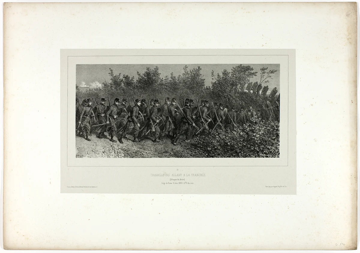 Sappers going to the trenches, from Souvenirs d’Italie: Expédition de Rome by Denis Auguste Marie Raffet, print, 1854