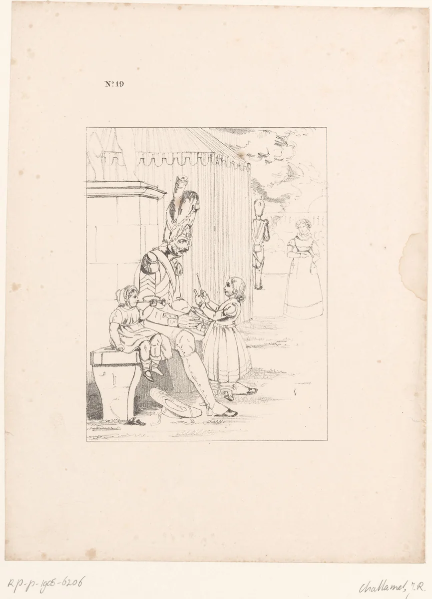 Studie van een soldaat en twee kinderen met muziekinstrumenten by Jules Robert Pierre Joseph Challamel, print, 1829-1862