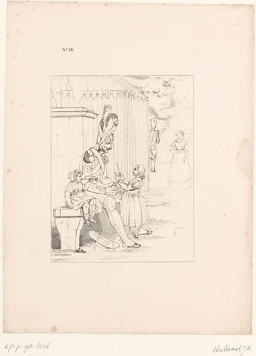 Studie van een soldaat en twee kinderen met muziekinstrumenten by Jules Robert Pierre Joseph Challamel, print, 1829-1862