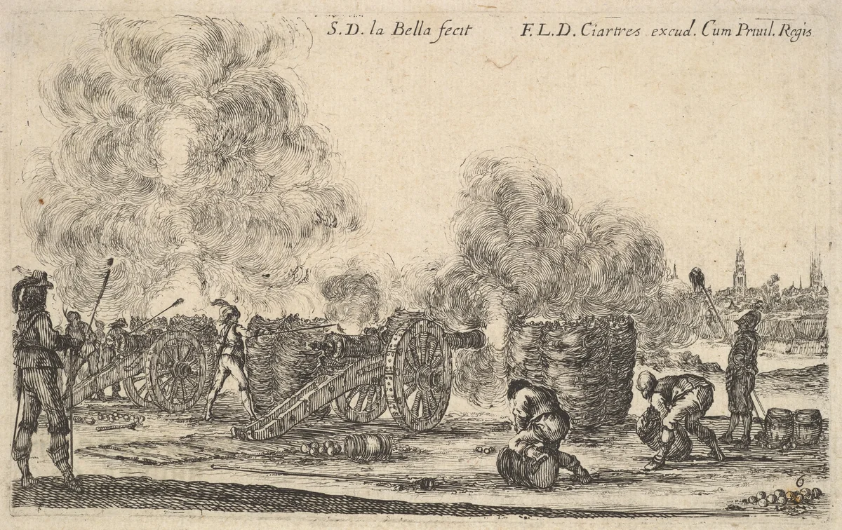 Plate 6: A battery of cannons firing on a town, from "Various Military Caprices" (Varii capricci militari) by Stefano della Bella, print, 1641
