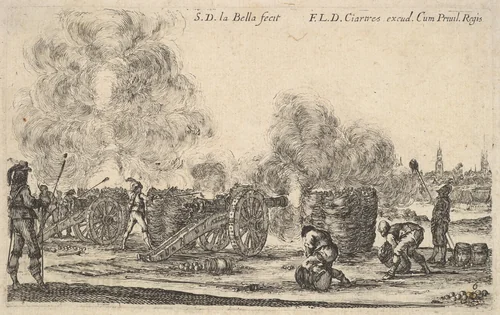 Plate 6: A battery of cannons firing on a town, from "Various Military Caprices" (Varii capricci militari) by Stefano della Bella, print, 1641