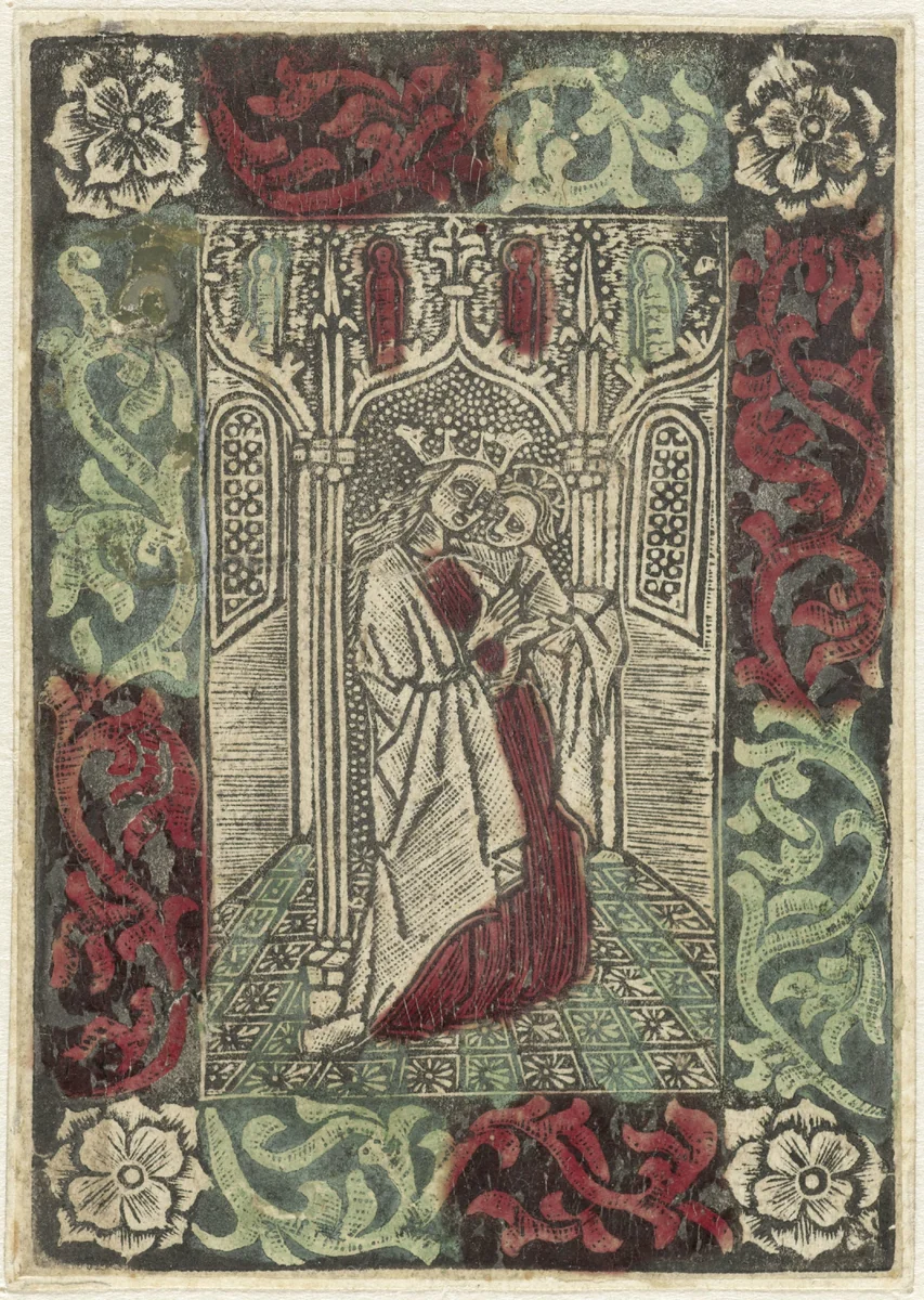Maria met Kind staand voor gotische architectuur in rechthoekige omlijsting met versiering van bladmotieven by anonymous, print, 1470-1499