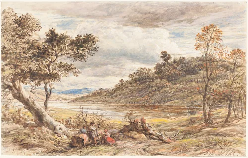 Travelers Resting by a Fallen Tree by John Linnell, drawing, 1852