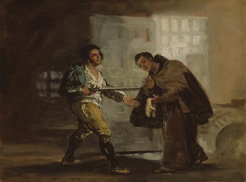 Friar Pedro Offers Shoes to El Maragato and Prepares to Push Aside His Gun by Francisco José de Goya y Lucientes, painting, 1801-1811