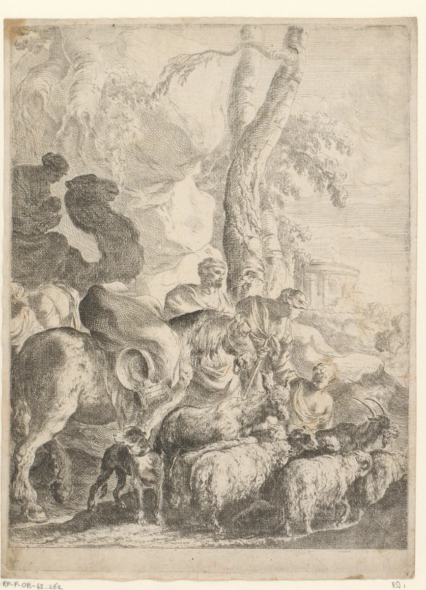 Jakob met zijn familie op weg naar huis by Sébastien Bourdon, print, 1626-1671