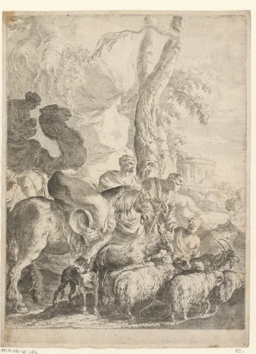 Jakob met zijn familie op weg naar huis by Sébastien Bourdon, print, 1626-1671