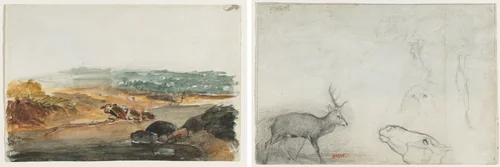 Landscape (recto); Studies of Animals (verso) by Antoine-Louis Barye, drawing, 1823-1875
