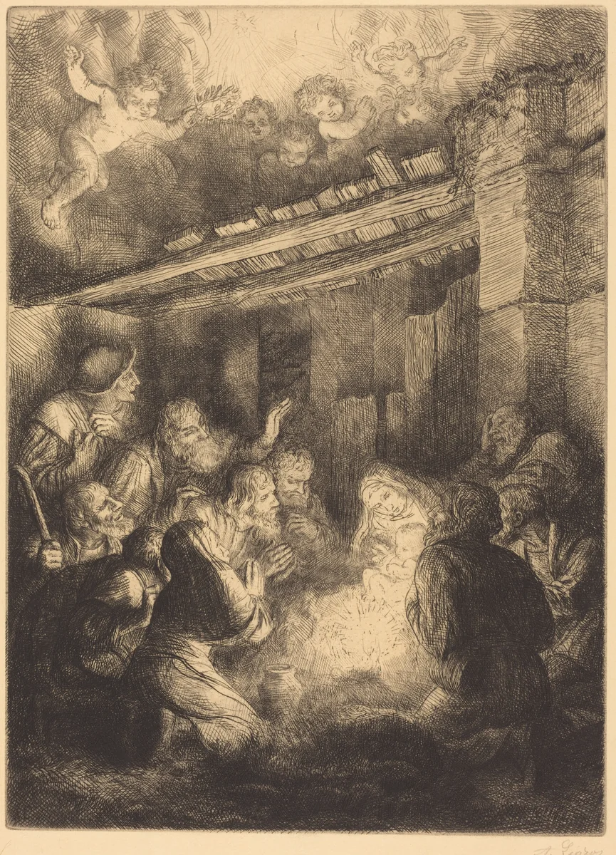 The Adoration of the Shepherds (L'adoration des bergers) by Alphonse Legros, print, 1837-1911