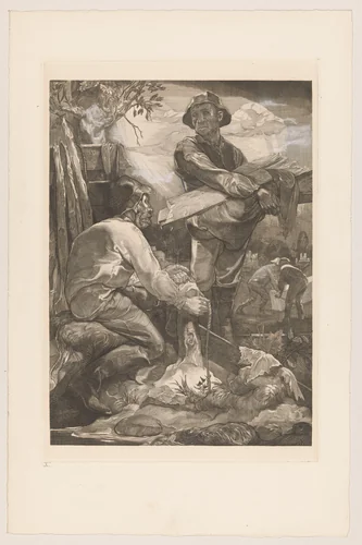 Twee arbeiders met touw en planken by Johannes Josephus Aarts, print, 1881-1934