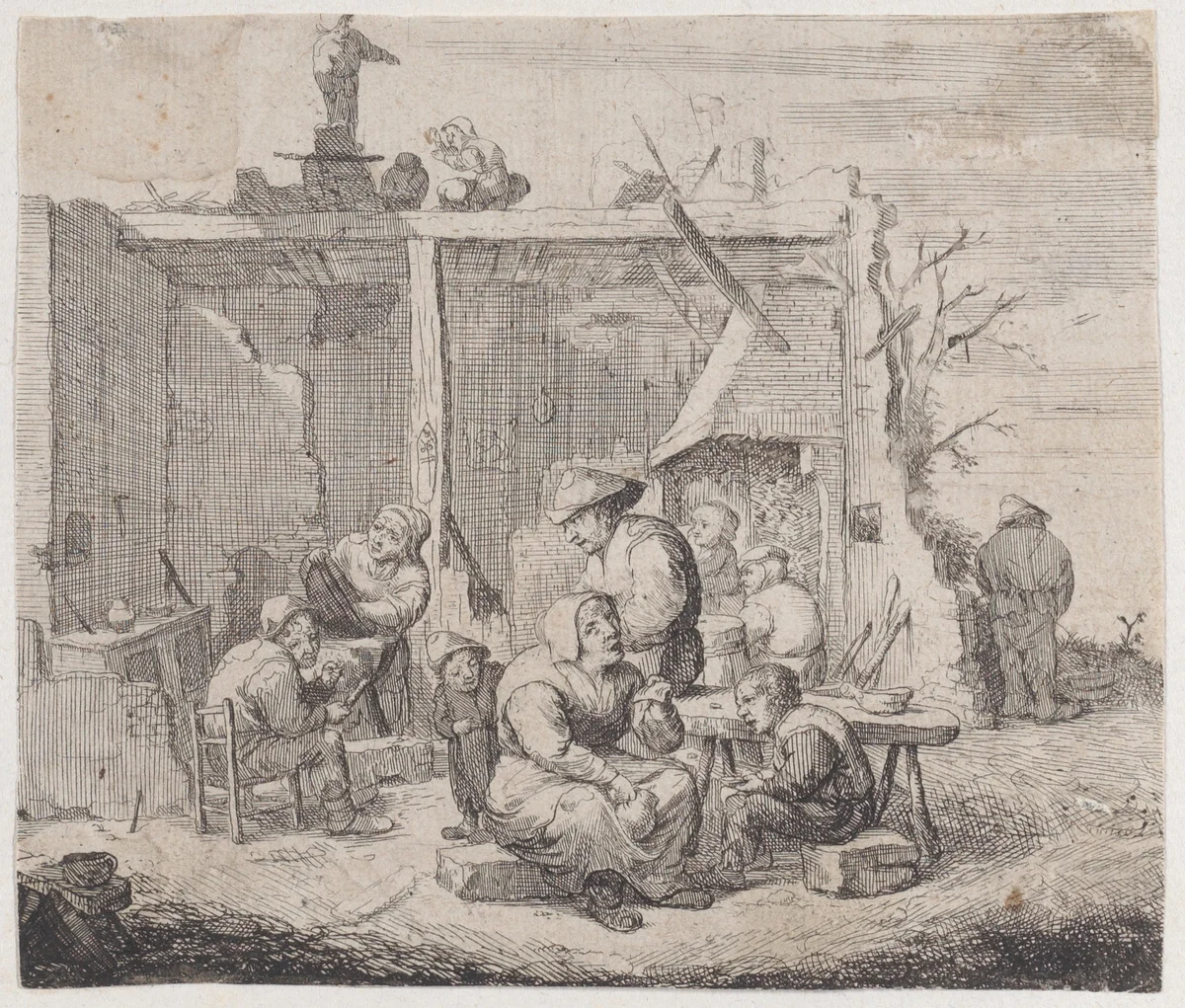 A dilapidated building with eight peasants engaged in various activities by Jacques Dassonville, print, 1635-1675