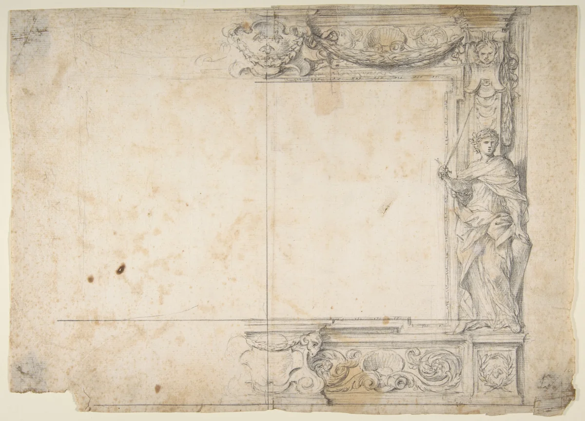 One Half of a Design for a Frame of a Stage Proscenium, with a Figure of Justice at the Right, and the Barberini Arms in a Cartouche at the Top by Giovanni Francesco Romanelli, drawing, 1700-1800