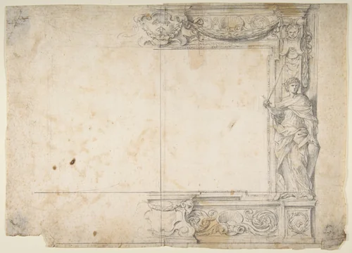 One Half of a Design for a Frame of a Stage Proscenium, with a Figure of Justice at the Right, and the Barberini Arms in a Cartouche at the Top by Giovanni Francesco Romanelli, drawing, 1700-1800