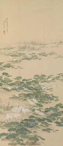 Egrets in a Lotus Pond by Yamamoto Baiitsu (山本梅逸), painting, 1852