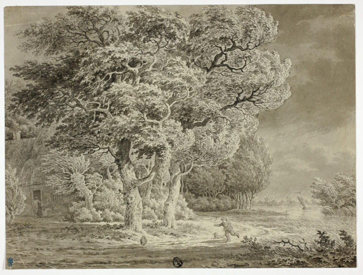 Approaching Storm; Wind Blown Trees; Boy and Dog Running Home by Egbert van Drielst, drawing, 1766-1818