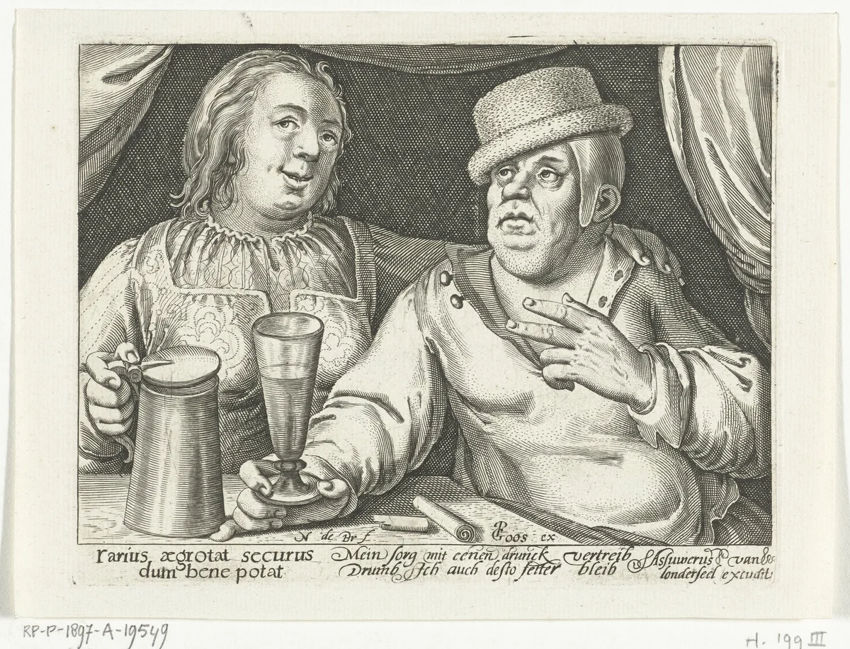 Drinkende man en vrouw by Unknown, print, 1581-1656