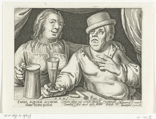 Drinkende man en vrouw by Unknown, print, 1581-1656