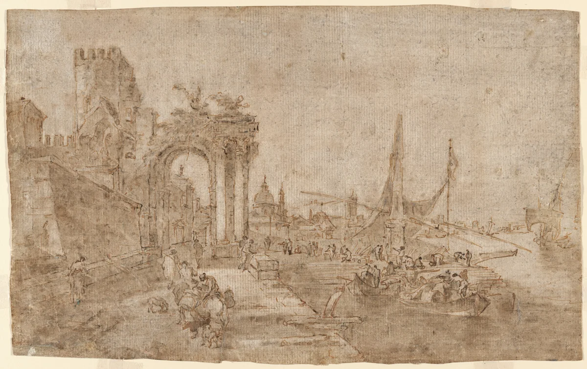 Venetian Capriccio with Boats Unloading (recto); Figures among Ruins (verso) by Francesco Guardi, drawing, 1760-1779
