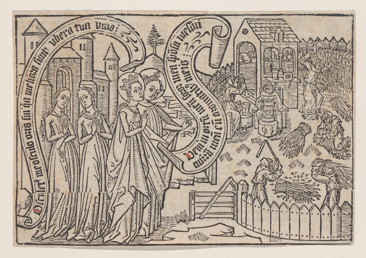 The Bridegroom Showing the Bride His Land, from a Canticum Canticorum blockbook, 1st edition by anonymous, print, 1455-1465