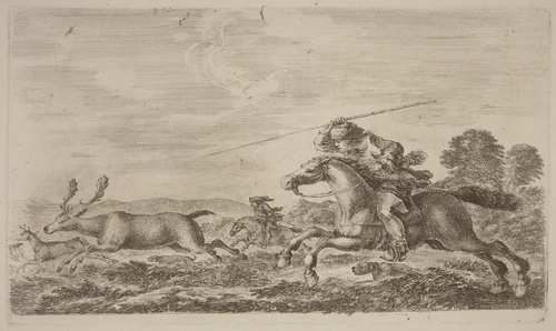 Deer Chased by Two Cavaliers by Stefano della Bella, print, 1610-1664