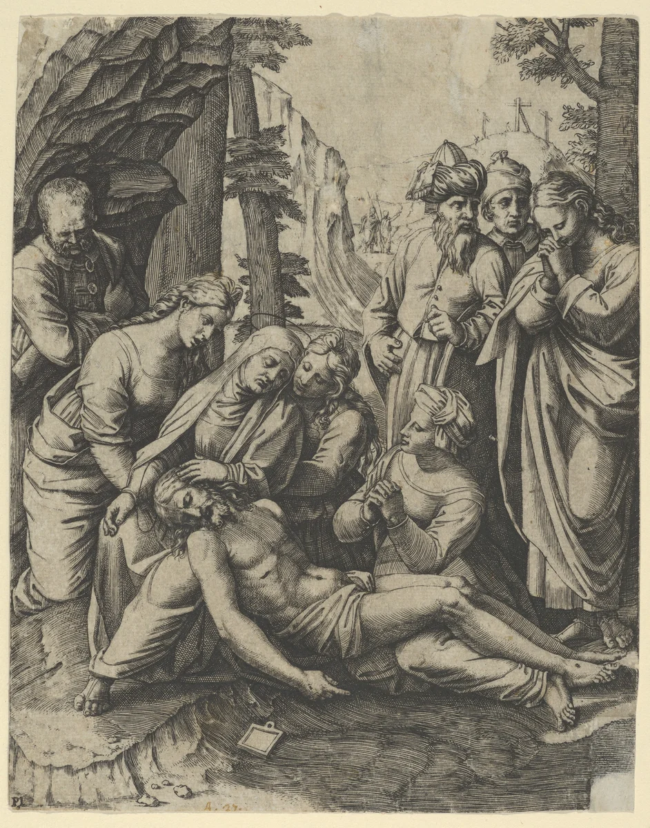 The lamentation of the dead Christ who is supported by the Virgin Mary and surrounded by other figures by Marcantonio Raimondi, print, 1510-1521