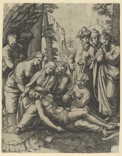The lamentation of the dead Christ who is supported by the Virgin Mary and surrounded by other figures by Marcantonio Raimondi, print, 1510-1521