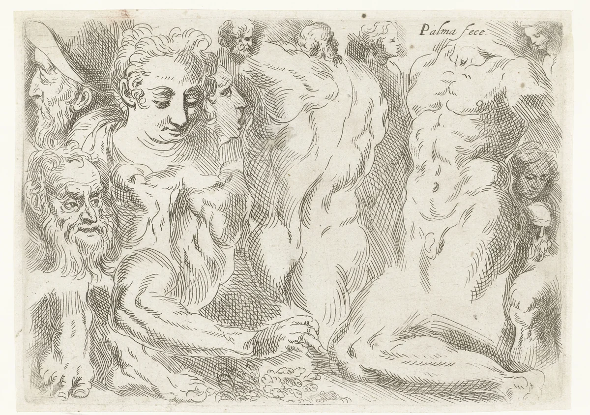 Studieblad met hoofden, torso's, armen, benen en voeten by Unknown, print, 1554-1611