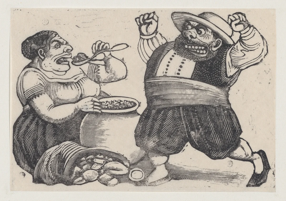 A woman eating and a man facing her with an angry expression and raised fists, from a broadside entitled 'Loa dicha por Sancho Panza y Doña Cenobia en honor de la Pureza de Maria Santisima' by José Guadalupe Posada, print, 1875-1885